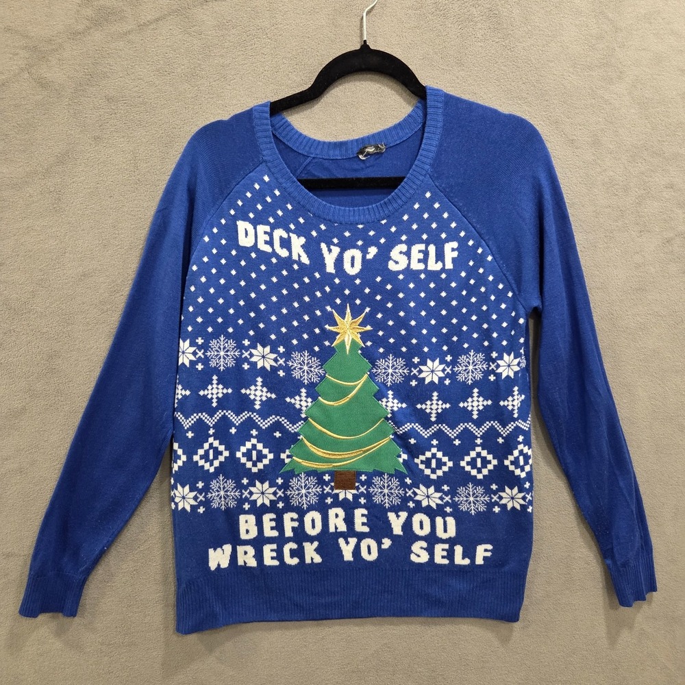 Womens‎ Christmas Sweater No Size TAG "Deck Yourself Before You Wreck Yourself"
